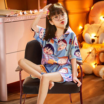 Hong Kong Girls Pajamas Summer Ice silk short sleeve thin childrens suit Parent-child CUHK Virgin girl home clothes