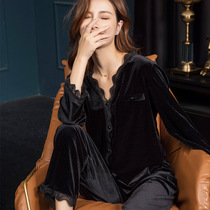 High end pajamas ladies long sleeve V collar spring and autumn sexy lace home clothes autumn and winter 2021 New wear gold velvet