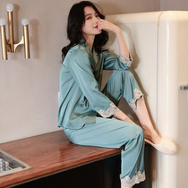 2021 new silk pajamas female summer thin spring autumn senior sense cardigan lace edge sexy home clothes summer