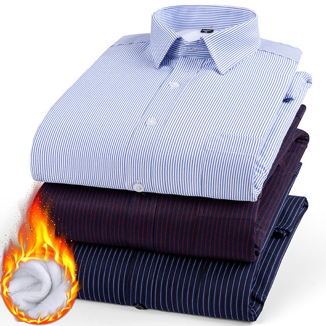 Winter solid color warm shirt men plus velvet thick long-sleeved striped business tooling plus cotton shirt middle-aged dad suit Winter solid color warm shirt men plus velvet thick long-sleeved striped business tooling plus cotton shirt middle-aged dad suit