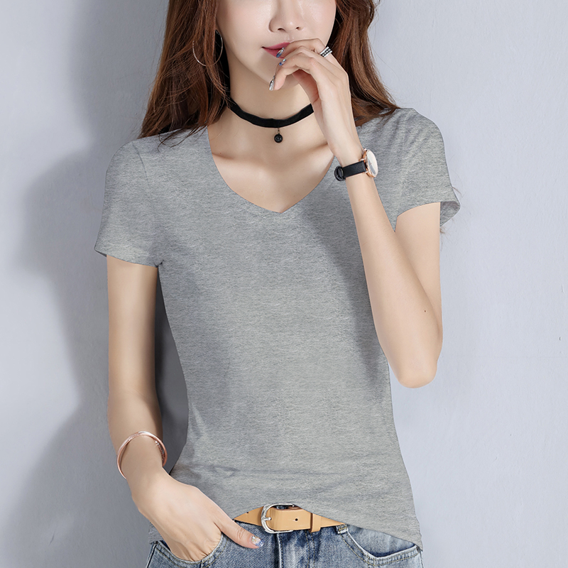 images 2:Pure cotton black t-shirt girl summer short-sleeved V-sharp tights 2022 chicken heart-take half-sleeved T-shirt thin body images 2:Pure cotton black t-shirt girl summer short-sleeved V-sharp tights 2022 chicken heart-take half-sleeved T-shirt thin body