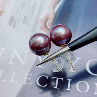 18k gold pearl stud earrings natural freshwater pearl edison earrings charm purple earrings 9-10mm round glare
