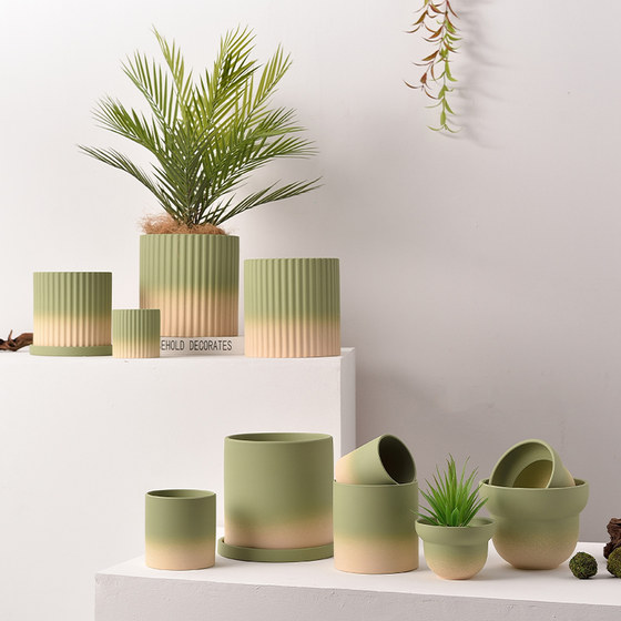 Nordic gradient olive green ceramics roasted flower pot with holes with trap, water absorption, breathable, green plant flower and tiger pneeling Nordic gradient olive green ceramics roasted flower pot with holes with trap, water absorption, breathable, green plant flower and tiger pneeling