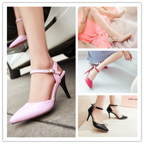 Baotou word buckle OL womens sandals Candy color thin heel sandals Large size CD cross-dressing ladyboy high heels size 40-43