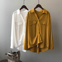 Nine buckle large size womens clothing early spring new shirt retro simple 200 pounds can wear solid color thin long sleeve shirt 115