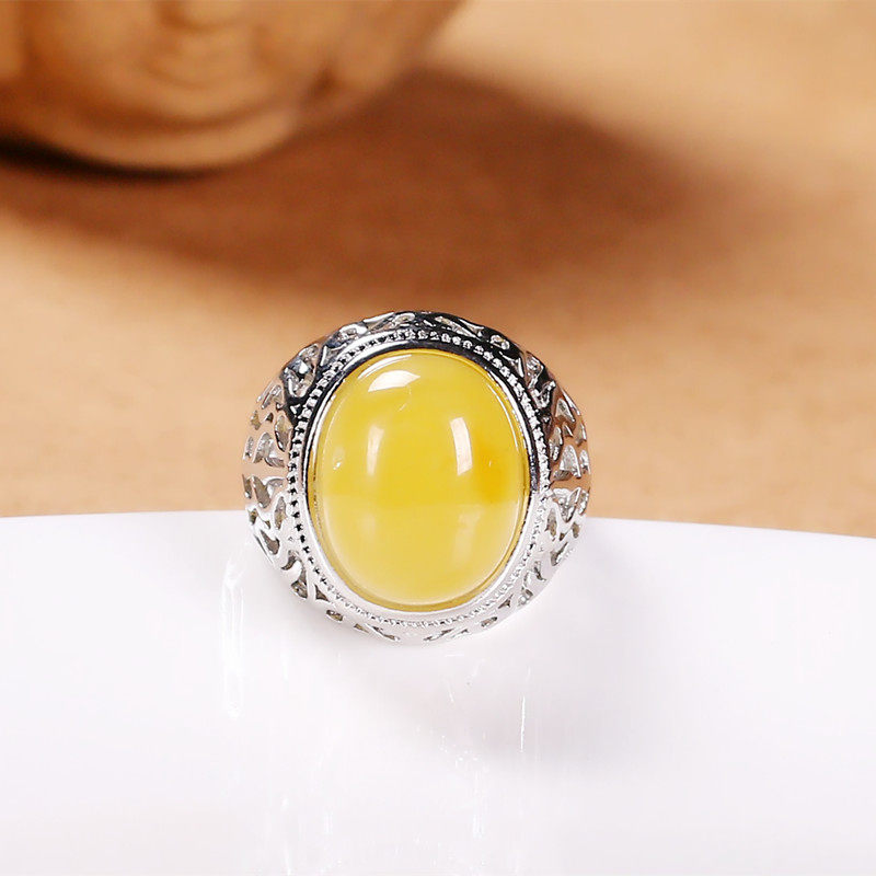 天然鸡油黄蜜蜡戒指指环镶嵌老蜜蜡琥珀界面可以调节大小活口戒指