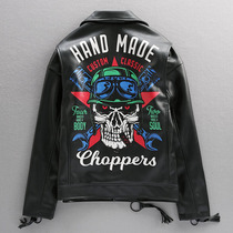 Tide brand skull print leather mens tide ruffian handsome fried street Harley motorcycle suit top loose PU leather jacket jacket