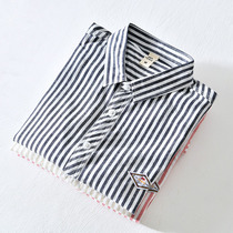 Day Ensemble Retro Striped Shirt Man Long Sleeve Pure Cotton Full Cotton Collage Springtime Loose with Casual Lining of Casual Lining