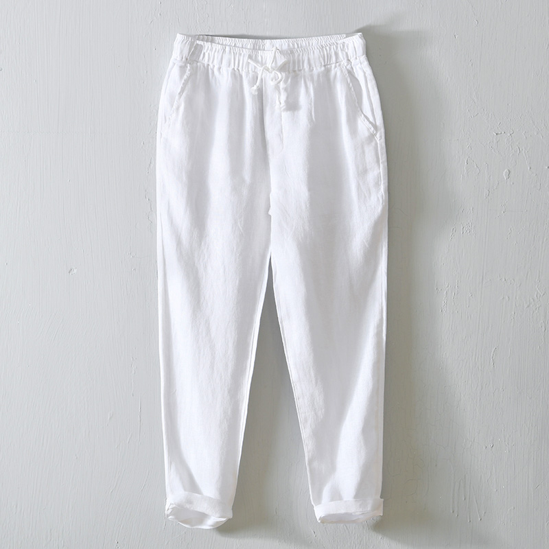 Chinese style retro drawstring linen pants men's summer thin white casual pants loose salt cotton and linen nine-point pants