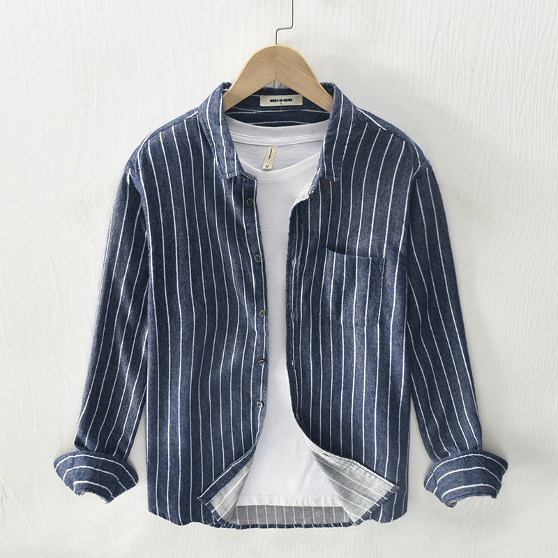 Hong Kong style handsome trend brush striped shirt men long sleeves loose casual youth top jacket color block shirt men