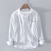 Japanese ancient Embroidered striped shirt male long sleeve loose leisure harbor wind Joker trend cotton cotton shirt tide