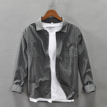 Japanese retro polished long sleeve shirt men Cotton multi-pocket Hong Kong style fashion handsome cotton shirt coat