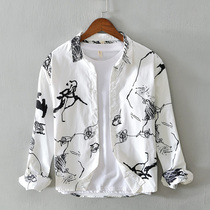 Chinese style trend ink painting printing long sleeve shirt mens Hanfu handsome Joker shirt design sense coat tide