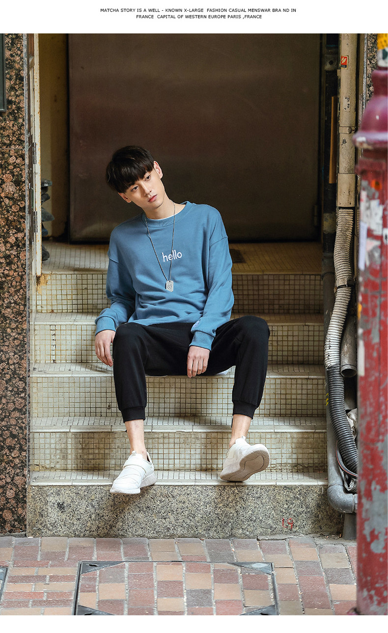 抹茶故事蓝色卫衣男圆领无帽运动外套韩版潮流帅气男生套头衫男装