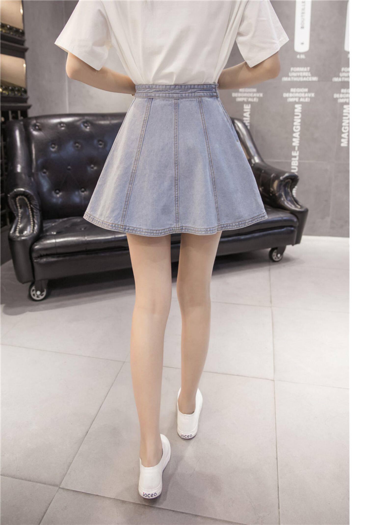 排扣牛仔短伞裙高腰显瘦百褶裙半身裙子夏