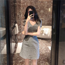 French slim orange dress grid court wind dress of the summer retro - fairy female Super Fairy Sen line 2023 new model