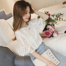 Foreign air sweatshirt woman 2020 spring loaded with new horn sleeve lace hook flower hollowed-out doll-shirt ultra-fairy blouse