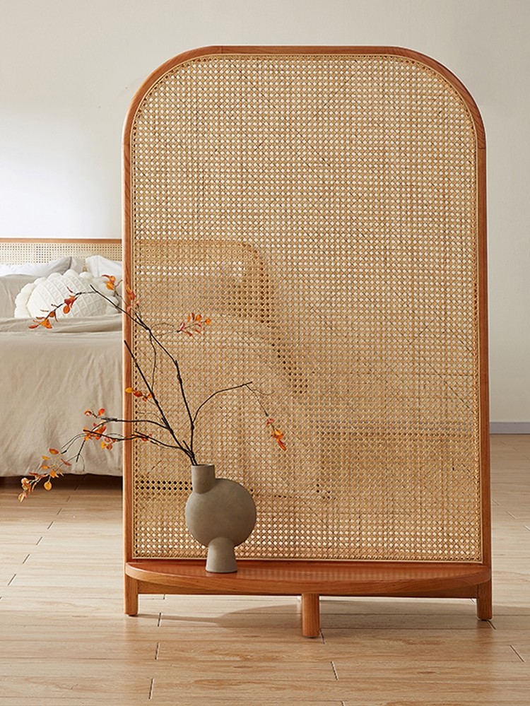 日式藤编实木屏风隔断客厅进门遮挡可移动座屏家用现代简约小户型