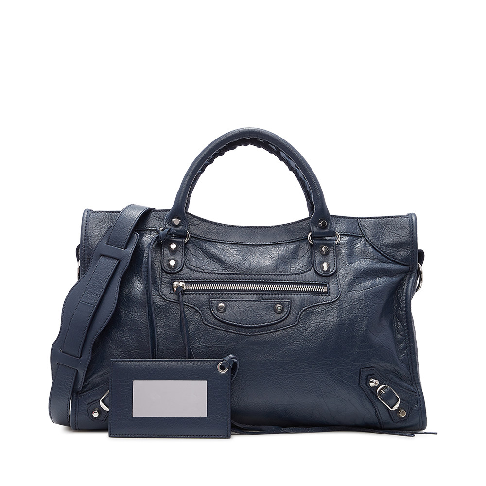balenciaga/巴黎世家 经典款深蓝色羊皮铆钉拉链拼接手提斜挎女包