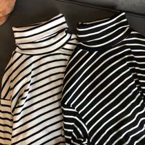 Semi-high collar college student top Western style large size womens zebra stripes long sleeve couple mens and womens T-shirts simple