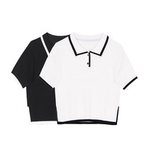 VEGA CHANG white T-shirt womens short sleeve 2021 summer polo collar hipster slim slim knit top