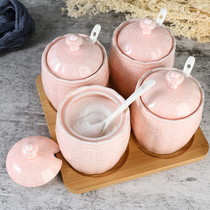 Kitchen ceramic salt jar Seasoning jar Seasoning bottle Creative Bamboo and wood mat supplies Household single sugar jar Seasoning bottle set