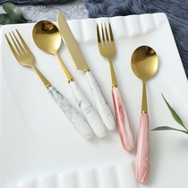 Marble grain ceramic handle knife and fork European steak Western knife and fork spoon three-piece set household 304 stainless steel spoon