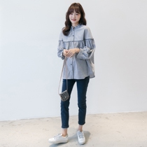Pregnant Womens Spring and Autumn long sleeve doll shirt fashion top casual Korean loose size tide mother striped shirt