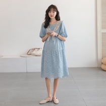 Sea salt wind ~ design pregnant womens clothing fashionable loose and breathable lace hollow cotton dress tide hot mother