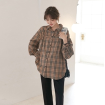 2021 early autumn new female retro plaid shirt spring and autumn fashion maternity dress Korean loose long sleeve nursing top