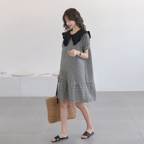Age-reduction retro ~ maternity dress summer shawl lapel lapel Plaid doll skirt A- shaped loose thin dress tide mother