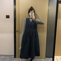 Age reduction ~ maternity wear autumn denim strap skirt temperament bottoming high neck top dress two-piece suit