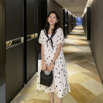 Naval Academy style collar ~ maternity dress Fashion Net red age wave point loose knee long skirt summer