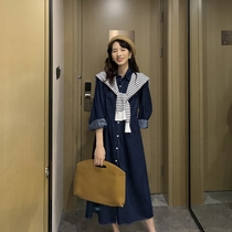 Fashionable style ~ pregnant women autumn denim work dress Korean with shawl shirt out breastfeeding dress Hot Mom