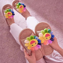ins cartoon household linen slippers female spring summer sandals indoor non-slip floor four-season home shoes outside wear