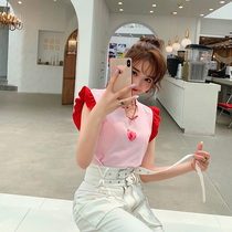 (Earth Store) Summer Sweet Girl Pink Cotton Strawberry Print Short Sleeve Slim Short Womens T-Shirt Top