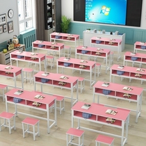 Desk and chair art high school students double primary and secondary school students solid wood Organization conference room double round corner painting single