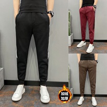 men's trendy slim harem pants in winter with fleece thickened three-bar sweatpants