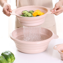 Kitchen sink wash pot wash fruit drain basket travel folding telescopic leak basket wash vegetable wash blue