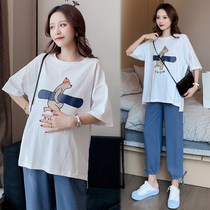 Pregnant Woman Online Red Suit Fashion style 2021 New pregnant women Summer clothes Han version Tidal Moms Loose Blouse Two Sets Summer