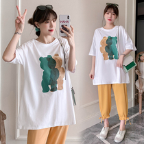 Pregnancy Woman Dress Suit 2021 New Fashion style Loose Foreign Air Weight Reduction pure cotton T-shirt Totbelly pants Two sets of summer clothing