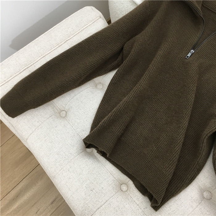 秋冬加厚韩版复古拉链半开大翻领毛衣女洋气套头针织衫宽松外套潮