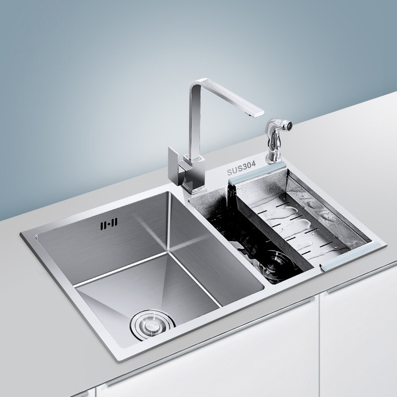 沐歌4mm加厚手工水槽双槽厨房304不锈钢洗菜盆厨房水池洗碗池双