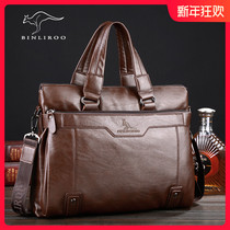 Binli kangaroo leather briefcase men's leather handbag business shoulder bag carrying horizontal simple clear tail goods