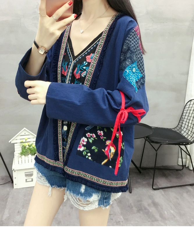 Phong cách dân tộc cotton và vải lanh cardigan ngắn áo khoác nhỏ vá thêu tua du lịch Vân Nam áo cánh dân tộc nổi tiếng của phụ nữ mùa xuân và mùa thu - Áo khoác ngắn