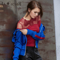 LACLOVER LACE MODEL SERIES RED WOMENs round neck long sleeve hollow THIN top LC72GM2