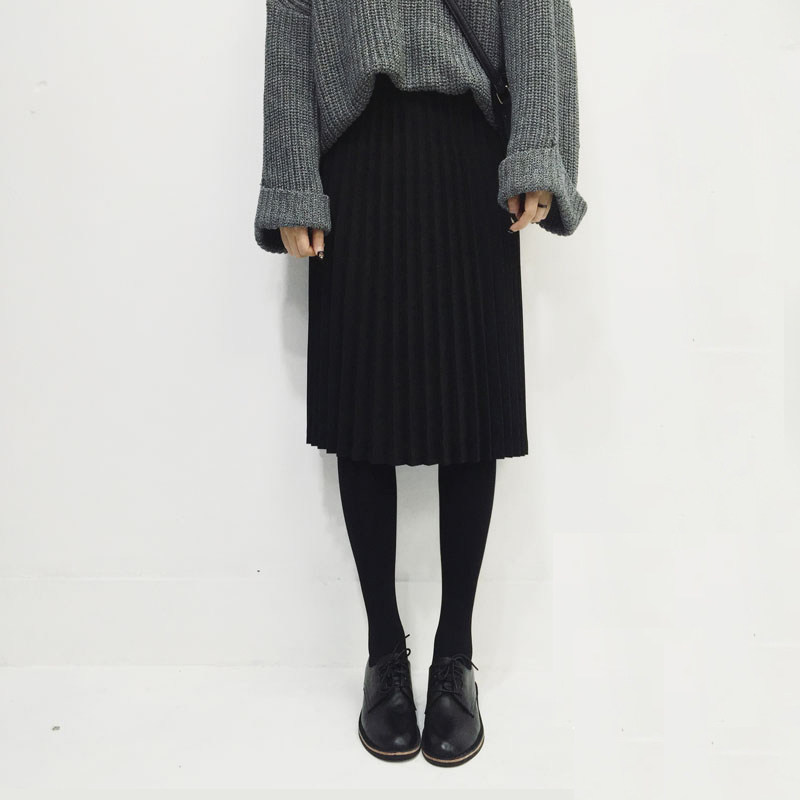 moyu直筒包裙2017秋冬黑色高腰修身风琴百褶裙针织半身裙中长裙女