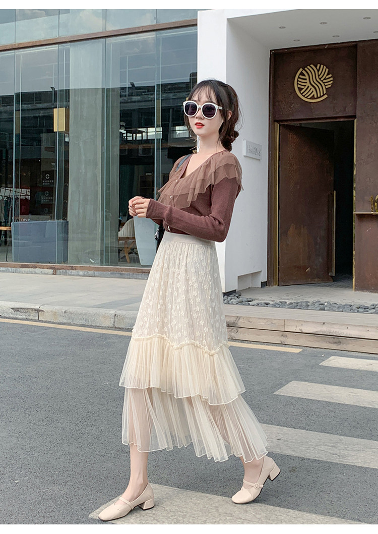 网纱半身裙女春季中长款莎莎裙米色显瘦不显跨仙气纱裙蛋糕裙