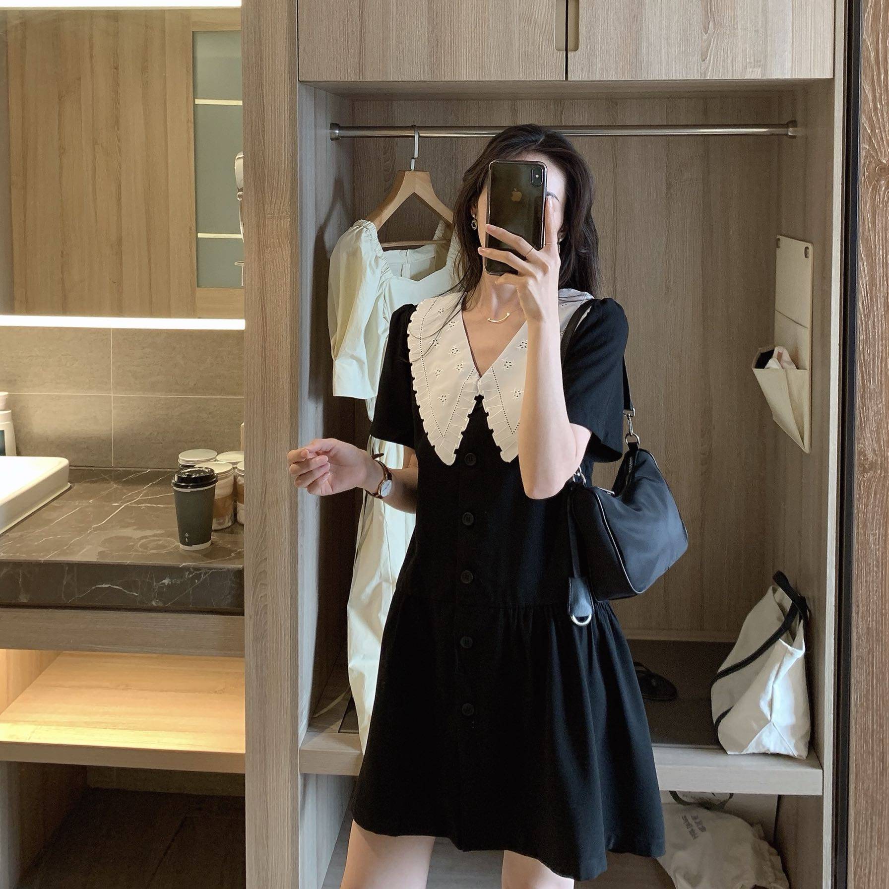 乖巧少女小洋裙精致刺绣翻领连衣裙收腰显瘦纽扣短裙女夏