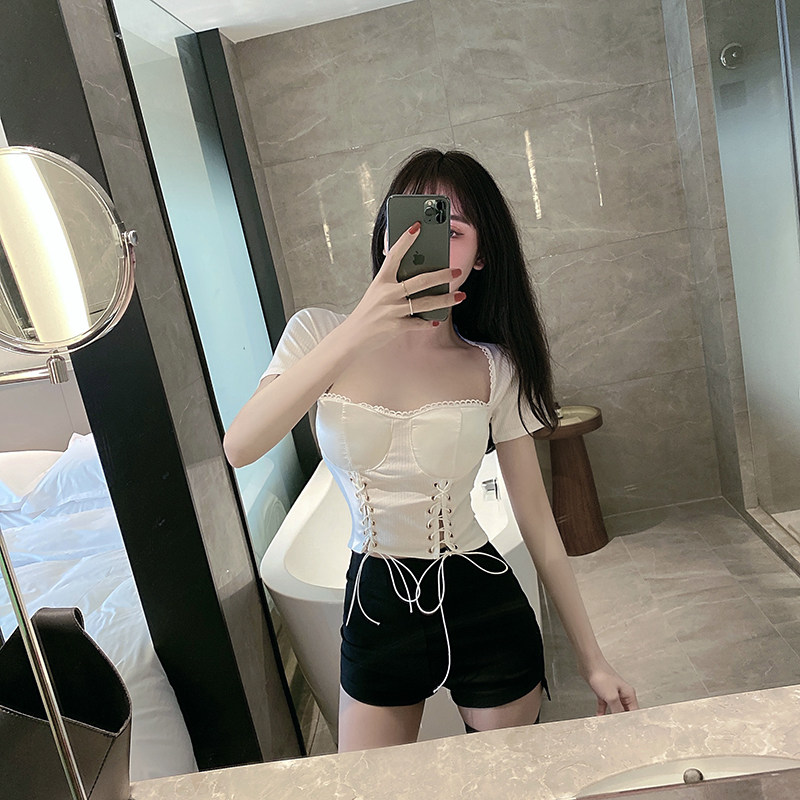 网红yy主播衣服性感漏锁骨显胸大t恤上衣显瘦低胸小衫女